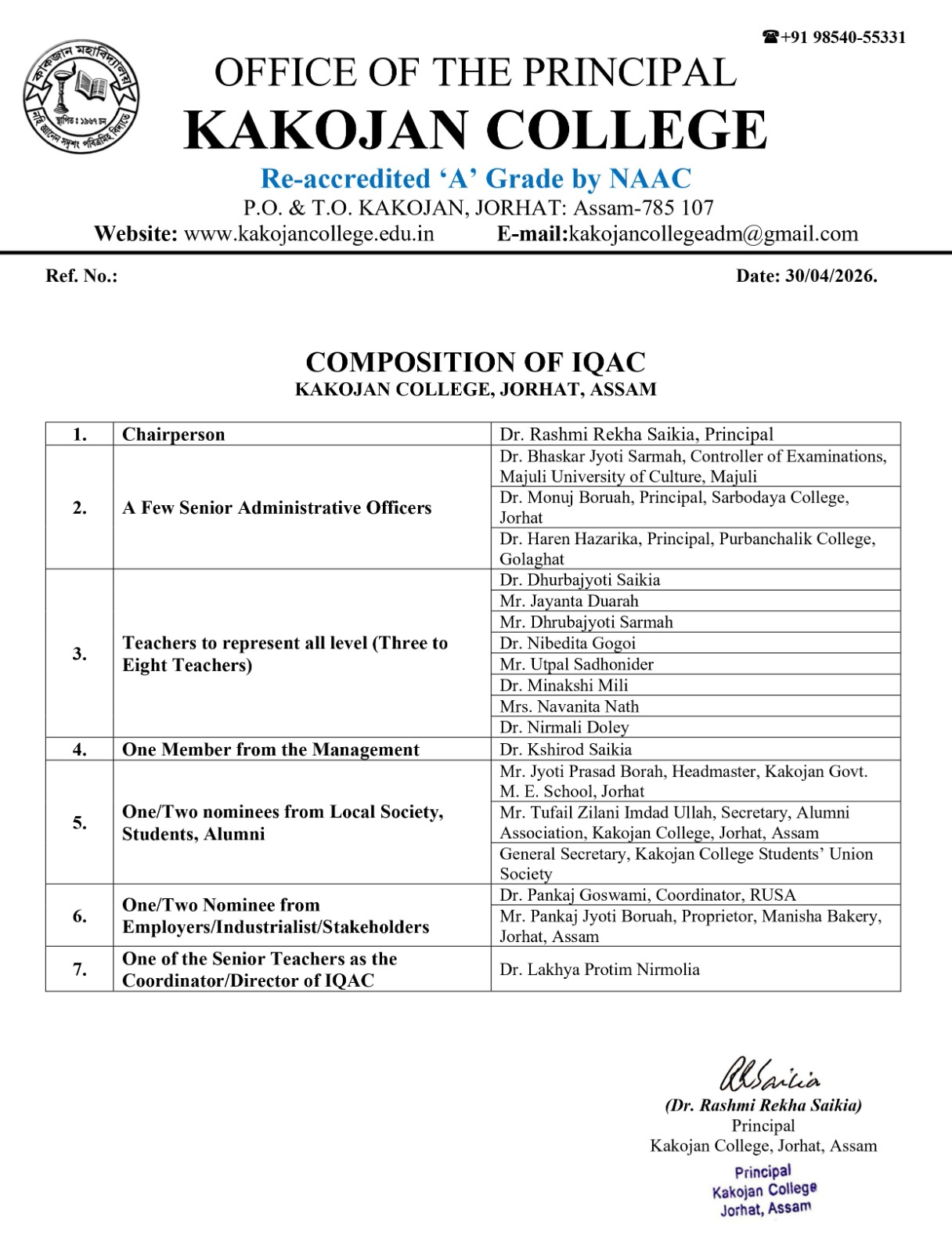 IQAC Committee, Kakojan College